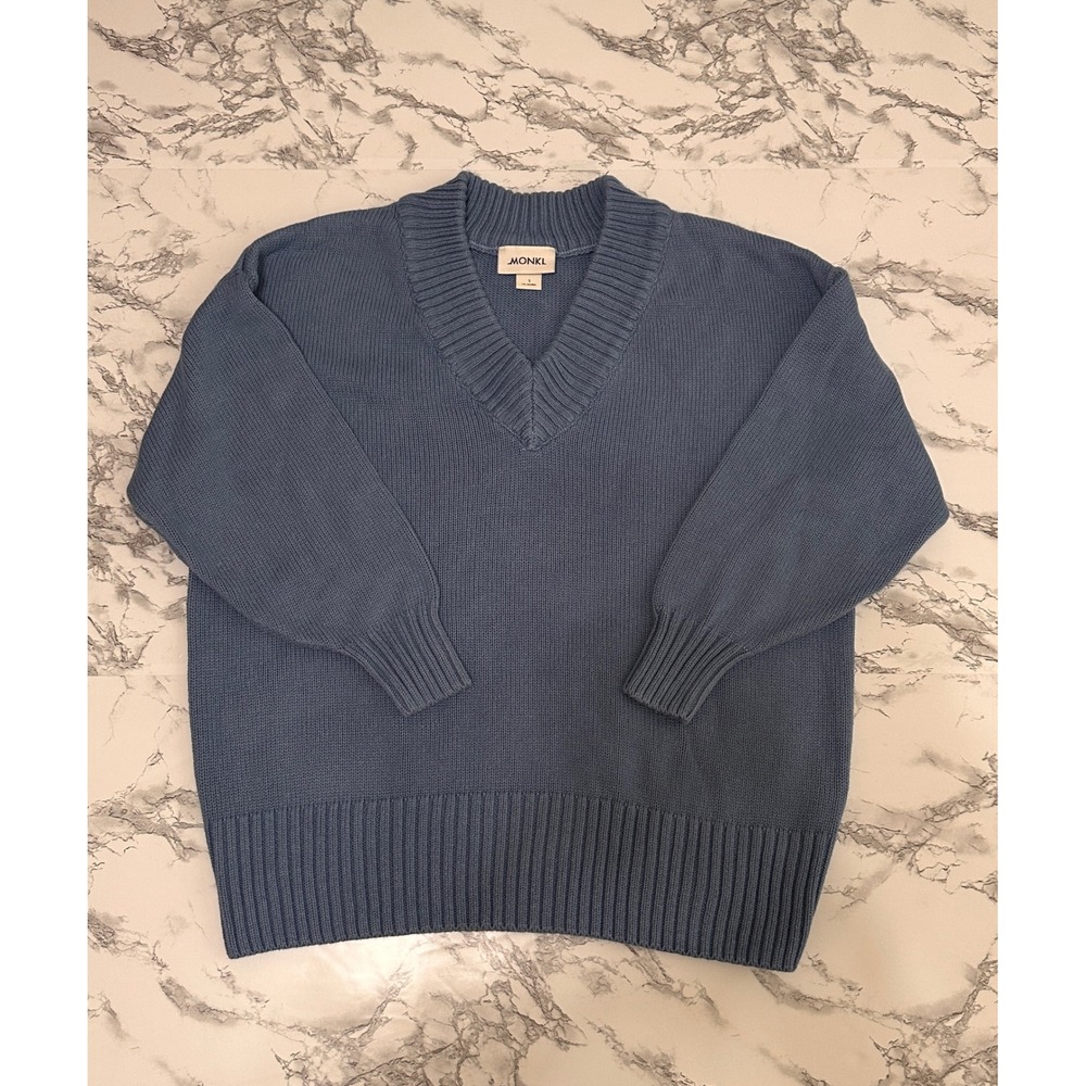 Monki Blue V-Neck Sweater Oversized Knit 3/4 Sleeve Cotton Blend S